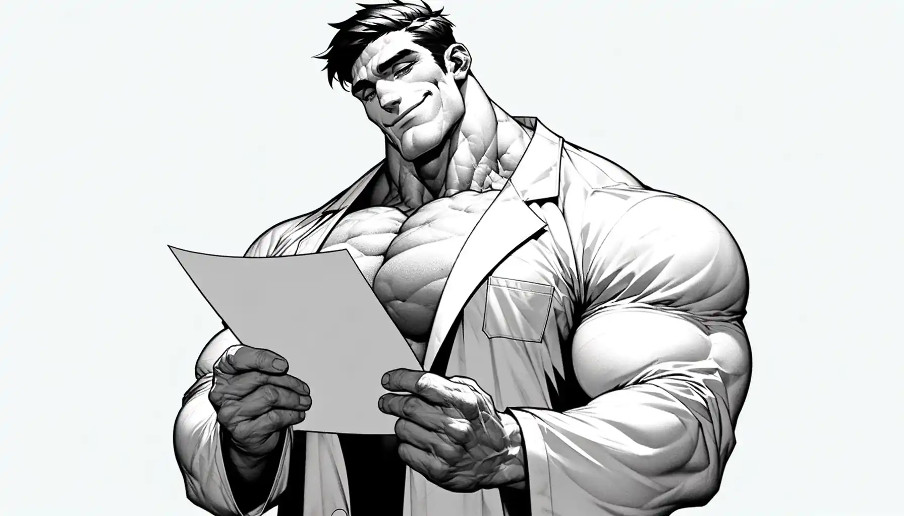 Cartoon of a muscular man in a lab coat reading a sheet of paper
