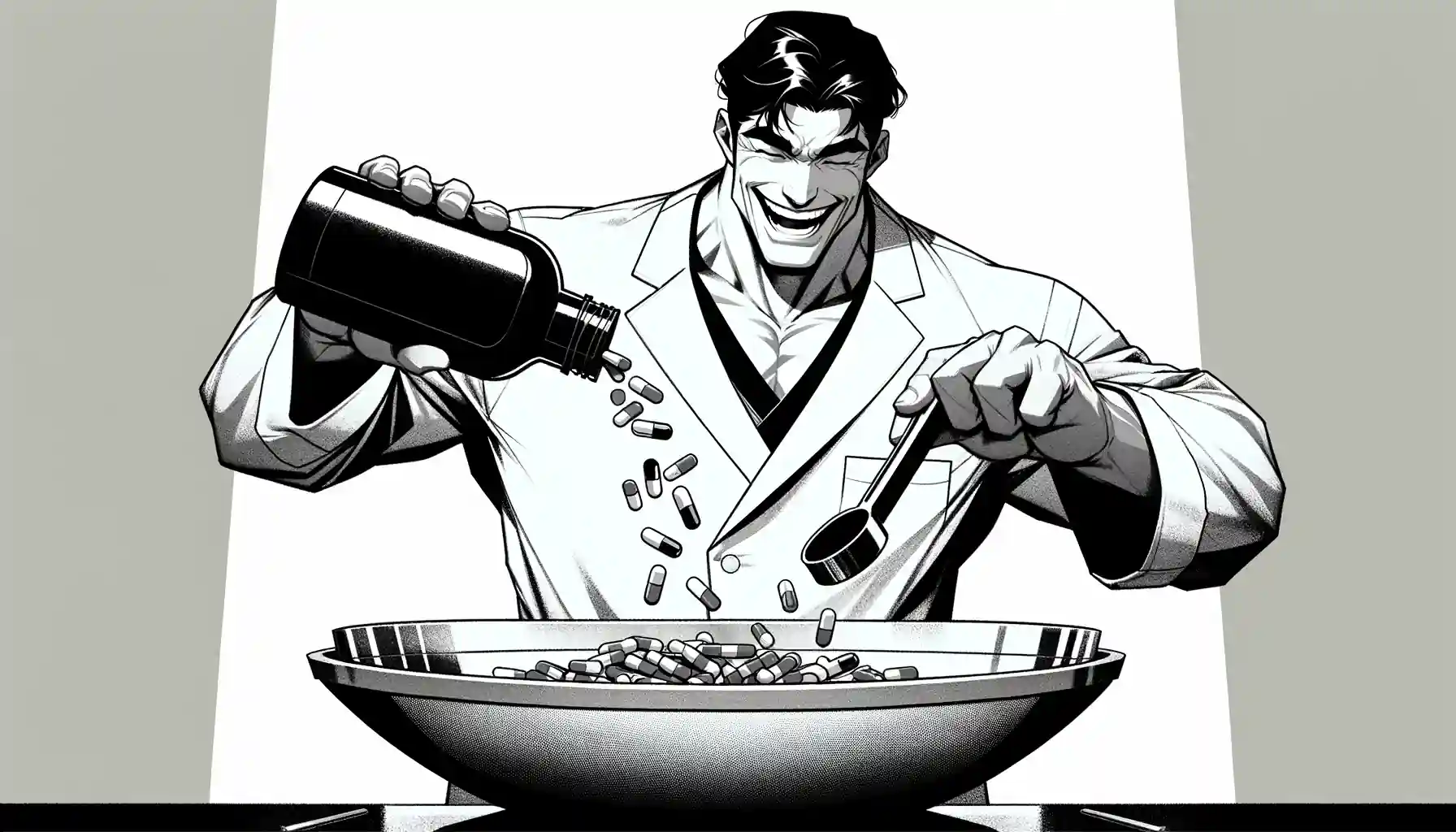 Cartoon of a muscular chemist pouring pills from a bottle into a large bowl