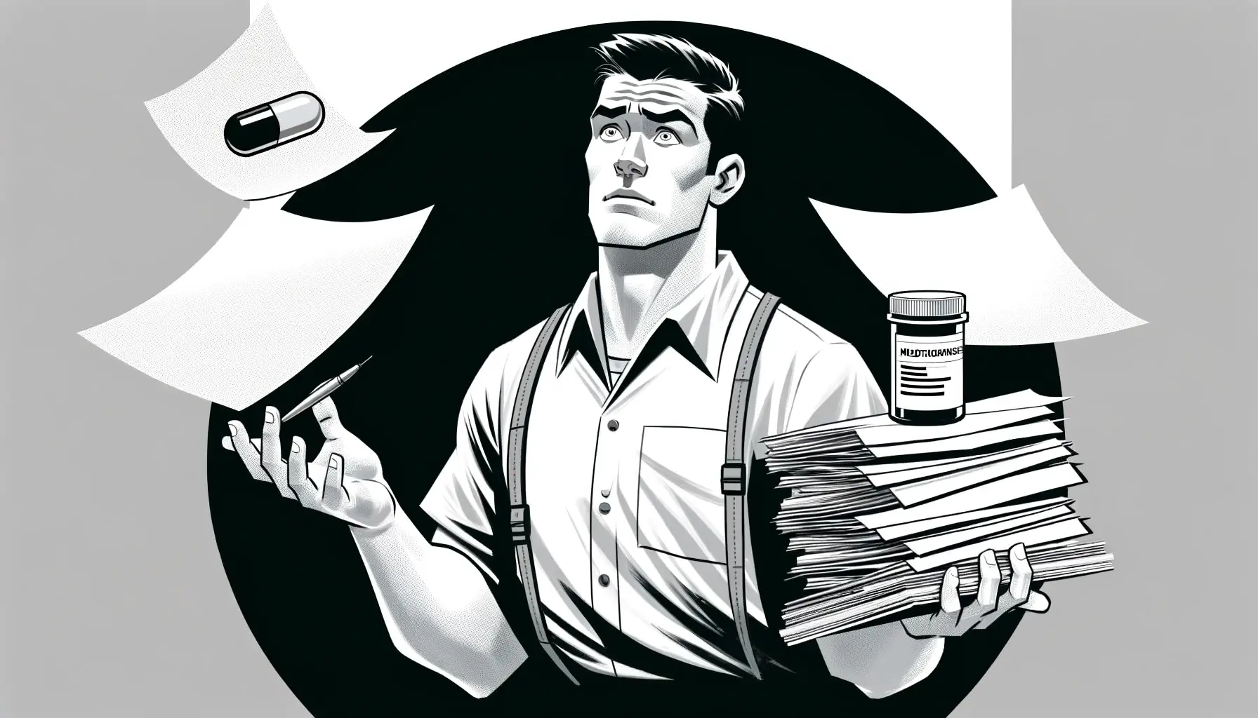 Cartoon of a man holding a stack of papers and a pill bottle, with pills and notes flying around him