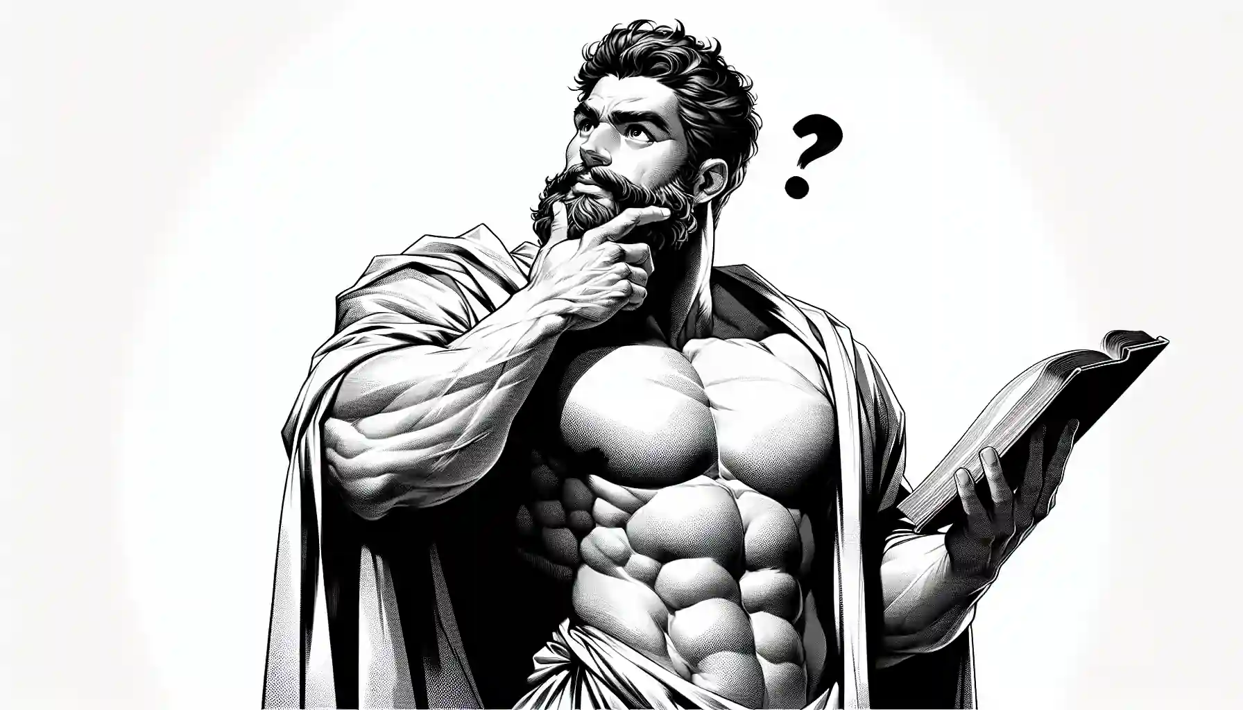 Drawing of a muscular scholar holding a book, thinking