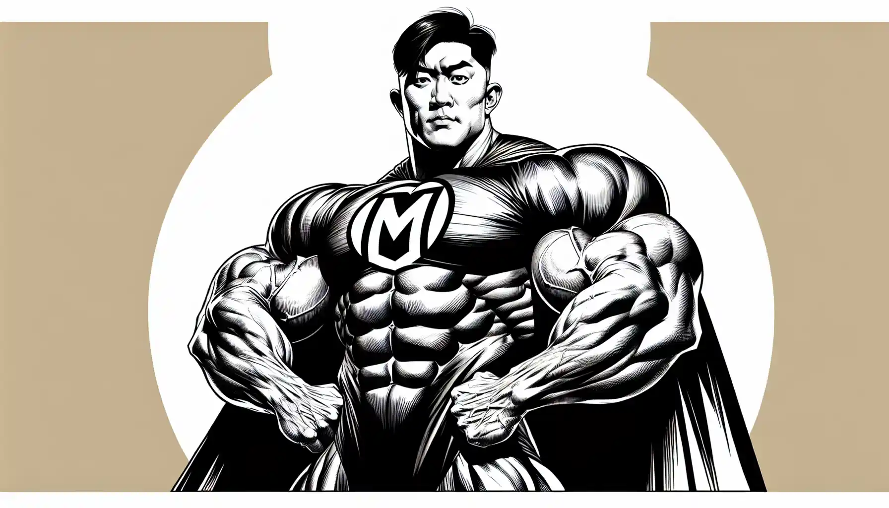 Cartoon of a muscular superhero with an M on his chest