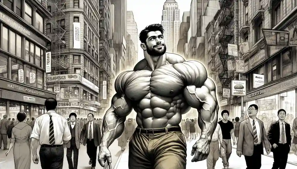 Muscular bodybuilder walking calmly through a crowded city street